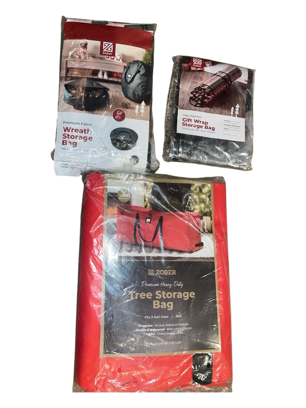 Zober Red Tree Storage Bag + 2 wreath storage bags plus gift wrap storage NWT